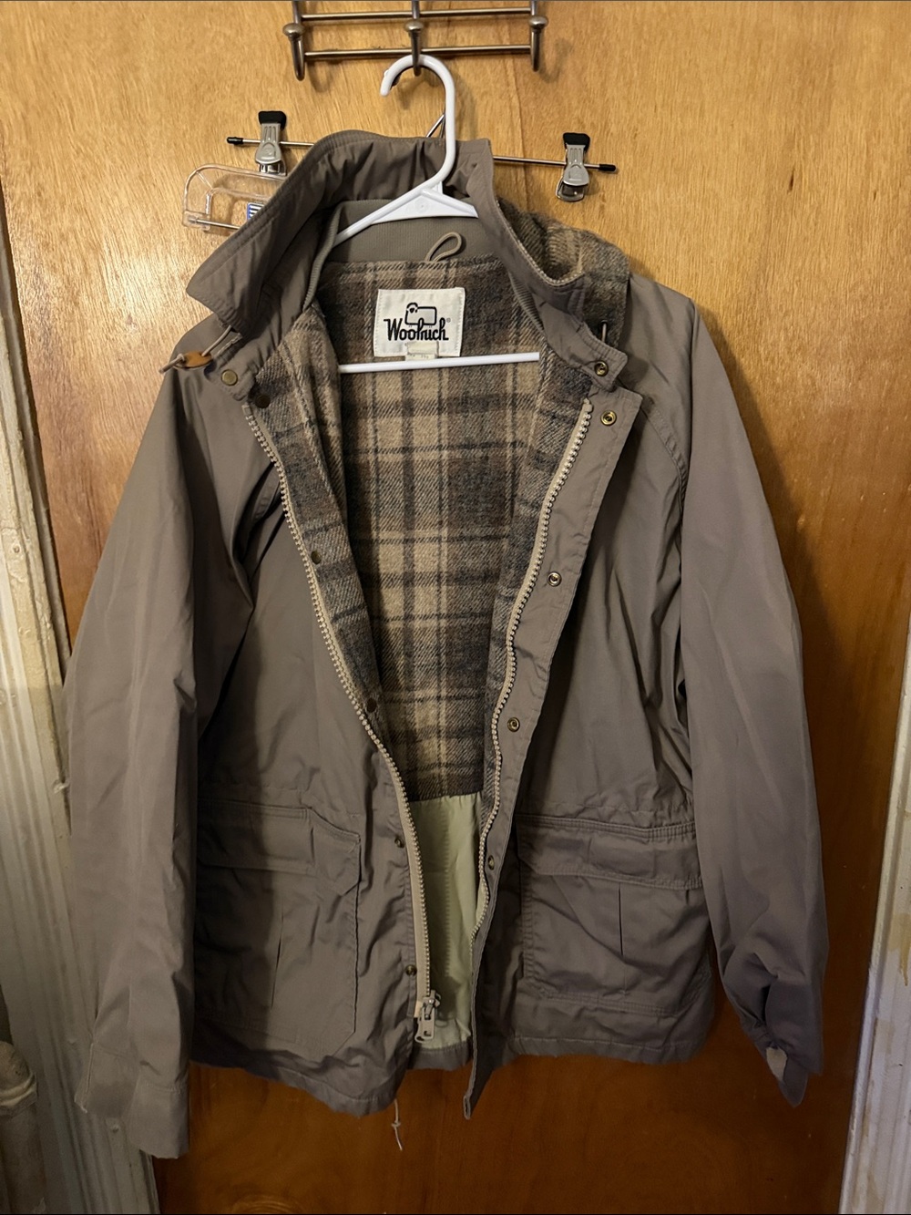 Woolrich Taupe Jacket with Plaid Flannel Lining & Hood